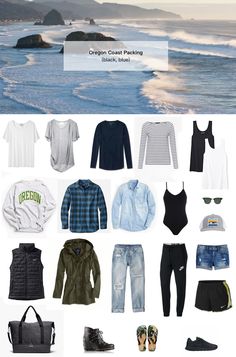 an image of clothes and clothing items on the beach with text overlay that reads oregon coast packing checklist