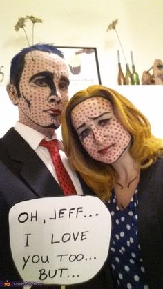 two people dressed up as zombies and one is holding a sign that says oh, jeff i love you too