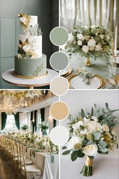 a collage of photos with flowers and greenery on the top, in different colors