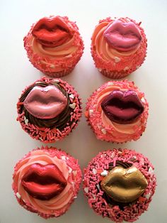 six cupcakes with pink and red frosting in the shape of lips on top