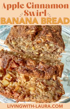 an apple cinnamon swirl banana bread is cut in half and stacked on top of each other