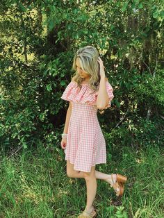 Add a pop of color to your spring wardrobe with this beautiful Pink Coral Picnic Dress. Featuring an off shoulder cut and check pattern, this dress is sure to be your new favorite with added ruffles for extra flair. Perfect for any outdoor event. Custom Jean Jacket, Picnic Dress, Outdoor Event, Shoulder Cut, Pink Coral, Spring Wardrobe, Check Pattern, Pink Tops, Dress Clothes For Women