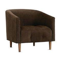 A modern take on the classic barrel shape, the Pate chair features chic wooden legs and a gently curved back. The elegant nubuck upholstery is double-dyed and finished in Italy, then buffed to a soft texture with a supple hand. The fabric acquires an attractive patina with age, giving it the look of a well-cherished piece. Rowe Furniture Pate Dark Chocolate Leather Chair - Accent Chairs in Posh Bark | Size 30" H X 30" W X 32" D | Perigold Faux Hide Rug, Rowe Furniture, Pull Out Bed, Leather Accent Chair, Flexible Seating, Chocolate Leather, Living Room Furniture Chairs, Curved Back, Extra Seating