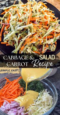 cabbage and carrot salad is being poured into a bowl