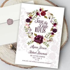 wedding save the date card with floral wreath