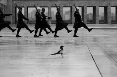 black and white photograph of people in uniform with their backs turned to the camera, one person holding two swords