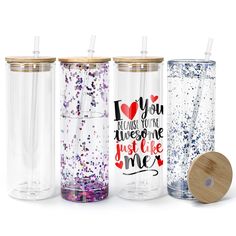 three water bottles with straw lids and wooden lid, one is filled with confetti the other has sprinkles