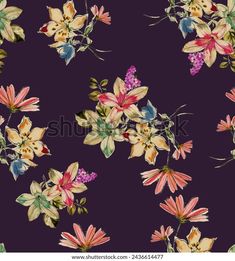 watercolor floral pattern on purple background