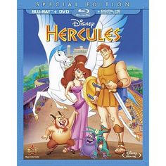 an animated movie poster with the characters from disney's hercules and herculae