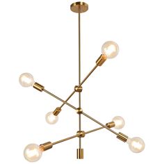 a brass chandelier with five lights hanging from the ceiling and four bulbs on each end