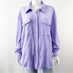 Good American Purple Terry Cloth Long Sleeve Button Down Shacket. Tunic Length Shirt Jacket In Iced Iris.Size 1/2, Small/Medium. Oversized Loose Fit. New With Tags! Retail Price $99. Total Length From Top Of Shoulder: 29" Chest Armpit To Armpit: 24" Smoke Free Home! Oversized Single Breasted Button-up Top, Oversized Purple Collared Top, Purple Button-up Top With Buttons, Collared Shacket With Buttoned Pockets For Day Out, Trendy Collared Shacket With Buttons, Button-up Shacket For Day Out, Chic Button-up Shacket With Buttoned Pockets, Purple Button-up Outerwear With Button Closure, Purple Button-up Daywear Shirt