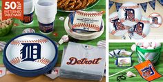 baseball themed party supplies including plates, napkins and cups for a detroit tigers birthday