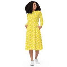 Introducing our All-Over-Print Women's Midi Dress, a fusion of style, comfort, and versatility! 🌟 * 🎨 **300+ Unique Designs Vibrant prints that never fade. * 🌺 **Luxurious Fabric 95% polyester, 5% elastane for a soft, flowy feel. * 👗 **Flattering Fit Fitted waist and flared bottom for a beautiful silhouette. * 🧥 **Long Sleeves Perfect for any season. * 👛 **Pockets Convenient side pockets for essentials. * 👠 **Versatile Ideal for evening parties, date nights, office wear, and casual outing Yellow Relaxed Fit Midi Dress For Spring, Midi Dress Aesthetic, Flower Print Midi Dress, Botanical Dress, Aesthetic Floral, Belle Silhouette, Floral Summer Dress, Dress Aesthetic, Hawaiian Flowers