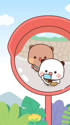 a mirror with a cartoon bear holding a cup in it's mouth and eating food