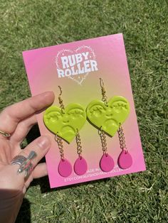 Pair of lime green crying heart earrings, with two hot pink teardrops dangled on each with chain and gold-look findings. 60s Clay Earrings, Edgy Clay Earrings, Bold Accessories, Traditional Tattoo Flash