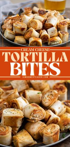 grilled tortilla bites on a plate with beer in the background and text overlay that reads cream cheese tortilla bites