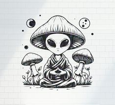 an alien sitting on the ground with mushrooms in front of it and bubbles floating around