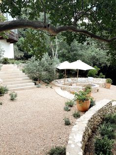 an outdoor patio area with steps and umbrellas