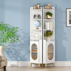 a tall white bookcase with glass doors in a living room