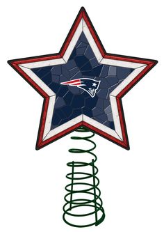 a blue and white star hanging from a green spiraly wire with the new england football team logo on it