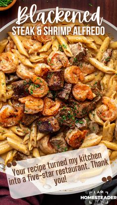 a beige pan is full of steak and shrimp on top of noodles with alfredo sauce. Steak And Shrimp Alfredo, Blackened Steak, Seasoned Shrimp, Steak Shrimp, Steak Dinner Recipes, Creamy Alfredo Sauce, Top Sirloin, Canned Seafood, Shrimp Alfredo