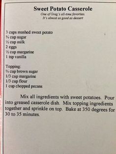 the recipe for sweet potato casserole is shown in an old style cookbook