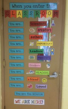 a classroom door decorated with words and pictures