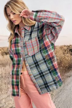 Easel Mixed Plaid Button Down Top with Front Chest Pocket – jfybrand Madras Shirt, Boyfriend Fit Jeans, Mixing Fabrics, Printed Sleeves, Celebrity Hairstyles, Boyfriend Fit, Casual Look, Plaid Pattern