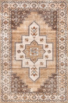 a beige and brown rug with an intricate design