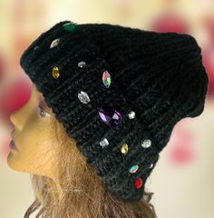 All my items are 100% handmade. This listing is for one hand knitted MOHAIR yarn beanie. Inspired by  Lele Sadoughi Available in BLACK with multicolored / glass /jewel/rhinestone. One of the kind.  Knitted just for you. Hat's color is BLACK. Oversized beanie. Hand wash in cold water, lay flat to dry. Hand Knitted Black Acrylic Hat, Black Hand-knitted Hat, Purple Adjustable Hand Knitted Hat, Black Hand-knitted Bohemian Hats, Yarn Beanie, Oversized Beanie, Bohemian Multicolor Hand-knitted Beanie, Lele Sadoughi, Mohair Yarn