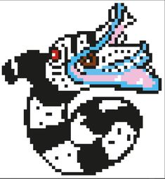 an image of a pixelated soccer ball with a shoe on it's head