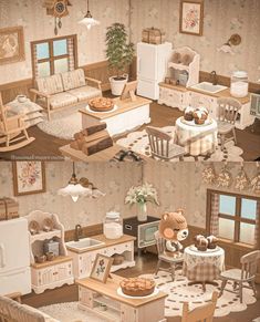 two pictures of a living room and kitchen with teddy bears on the couches, chairs, table