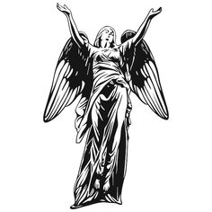 an angel statue with outstretched arms and hands in the air, black and white drawing