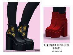 there are two pictures of high heel boots with stars and moon designs on the side