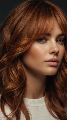 Stylish Side-Swept Bangs with Fall Hair Colors Copper Highlights ✨ Spring Red Hair, Spring Red Hair Color, Copper Blonde Hair Color, Copper Blonde Hair