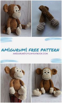 four pictures of stuffed animals made from amigurmi yarns, including a monkey