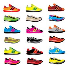 a bunch of shoes that are all different colors