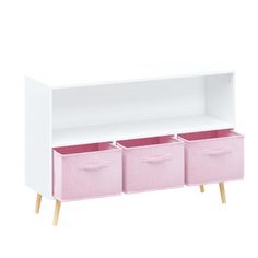 a white shelf with three pink bins and two wooden legs on the bottom side