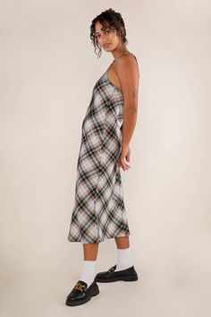 Satin bias plaid slip dress with adjustable straps Plaid Slip Dress, Layering Outfits Fall, Bias Slip Dress, Turtleneck Under, Fall Layers, Layering Outfits, Perfect Wardrobe, Tube Socks, 70 Dress