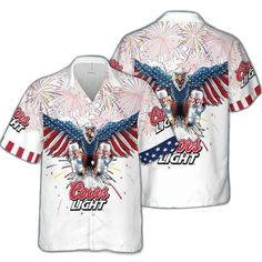 Get ready to celebrate the 4th of July in style with the Coors Light Hawaiian Shirt for Men and Women! This vibrant and eye-catching shirt is the perfect addition to your summer wardrobe, allowing you to show off your patriotic spirit while staying cool and comfortable. Designed with meticulous attention to detail, this Hawaiian shirt features a unique and playful print that combines the iconic Coors Light logo with a tropical twist. The vibrant colors and bold design instantly catch the eye, ma Summer American Style Shirt With American Flag, American Style Shirt With American Flag For Summer, American Style Summer Shirt With American Flag, Americana Style Shirt With Flag Print For Independence Day, Summer Americana Shirt With Flag Print, Summer Americana Shirt With American Flag Print, Americana Summer Shirt With American Flag Print, White American Flag Shirt For Memorial Day, White Shirt With American Flag For Memorial Day