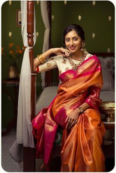 Bhargavi Kunam Saree Blouses, Bhargavi Kunam, White Blouse Designs, Festive Saree, Engagement Saree, Keep Me Stylish, Kanjeevaram Sarees, White Silk Blouse