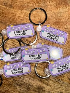 "This keychain is the perfect accessory for anyone who struggles with anxiety or wants to raise awareness about mental health. The design features the phrase \"Hello, I am probably anxious\" in a stylish and modern font. Made from high-quality materials, this keychain is durable and built to last. It's the perfect size to attach to your keys, backpack, or purse, so you can take it with you wherever you go. Whether you're using it as a reminder to practice self-care or as a way to start conversations about mental health, this keychain is a must-have accessory. Order yours today and start spreading awareness about anxiety and mental health! Size is 1.83\"x1\"  Acrylic keychain  Loop included" Cute Keychains For Backpacks, Start Conversation, Keychain Loop, Cute Keychains, Keychain Cute, Starbucks Tumbler, Delivery Gifts, Modern Fonts, Beer Can