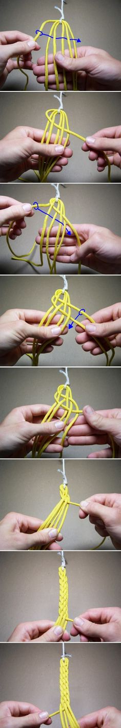 four different images of hands holding yellow string