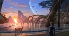 an artist's rendering of some people on the beach in front of trees and planets