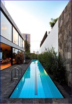 an empty swimming pool in the middle of a building with large windows and plants on either side