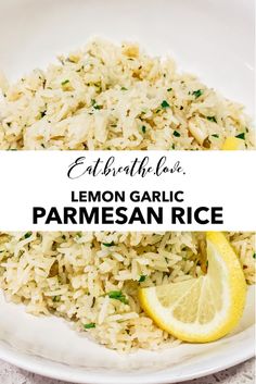 lemon garlic parmesan rice on a white plate