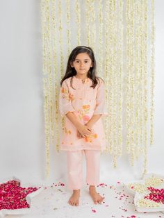 Girls Peach Anar Motif Cotton Pintuck Kurta Set (Set of 2) By Mr Brat now available at Trendroots Angrakha Dress, Kids Ethnic Wear, Lehenga Blouse, Peach Wedding, Kurta With Pants, Abayas Fashion, Cotton Pyjamas, Kurta Set, Muslin Cotton