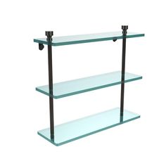 three glass shelves with black metal brackets on the bottom and one shelf above them is empty