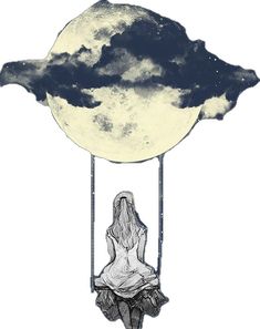 a drawing of a woman sitting on a swing with the moon in the sky above her