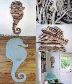 several pictures of seahorses made out of driftwood